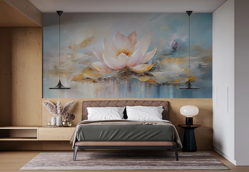 پوستر دیواری 3 بعدی اتاق خواب عروس و داماد طرح گل نیلوفر آبی